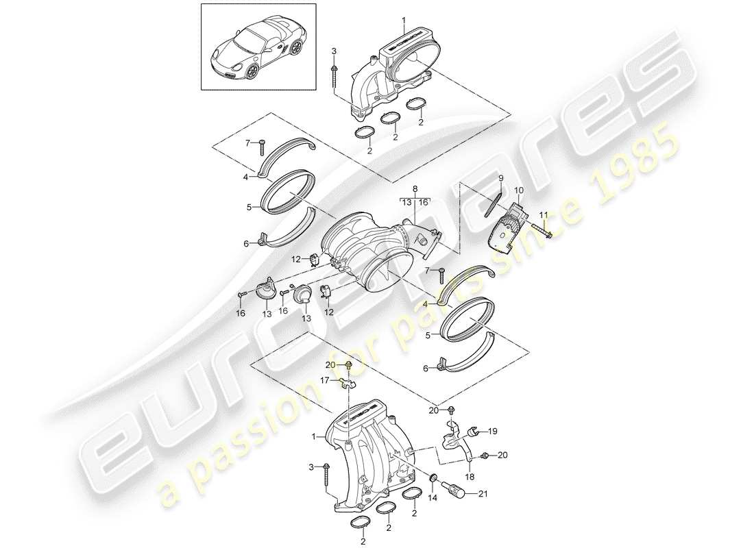 porsche 2011 (987 boxster) diagrama de piezas del distribuidor de aire de admisión
