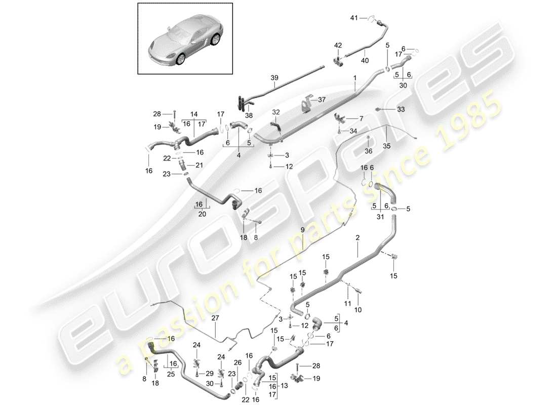porsche 2020 (718 cayman) diagrama de piezas de refrigeración por agua
