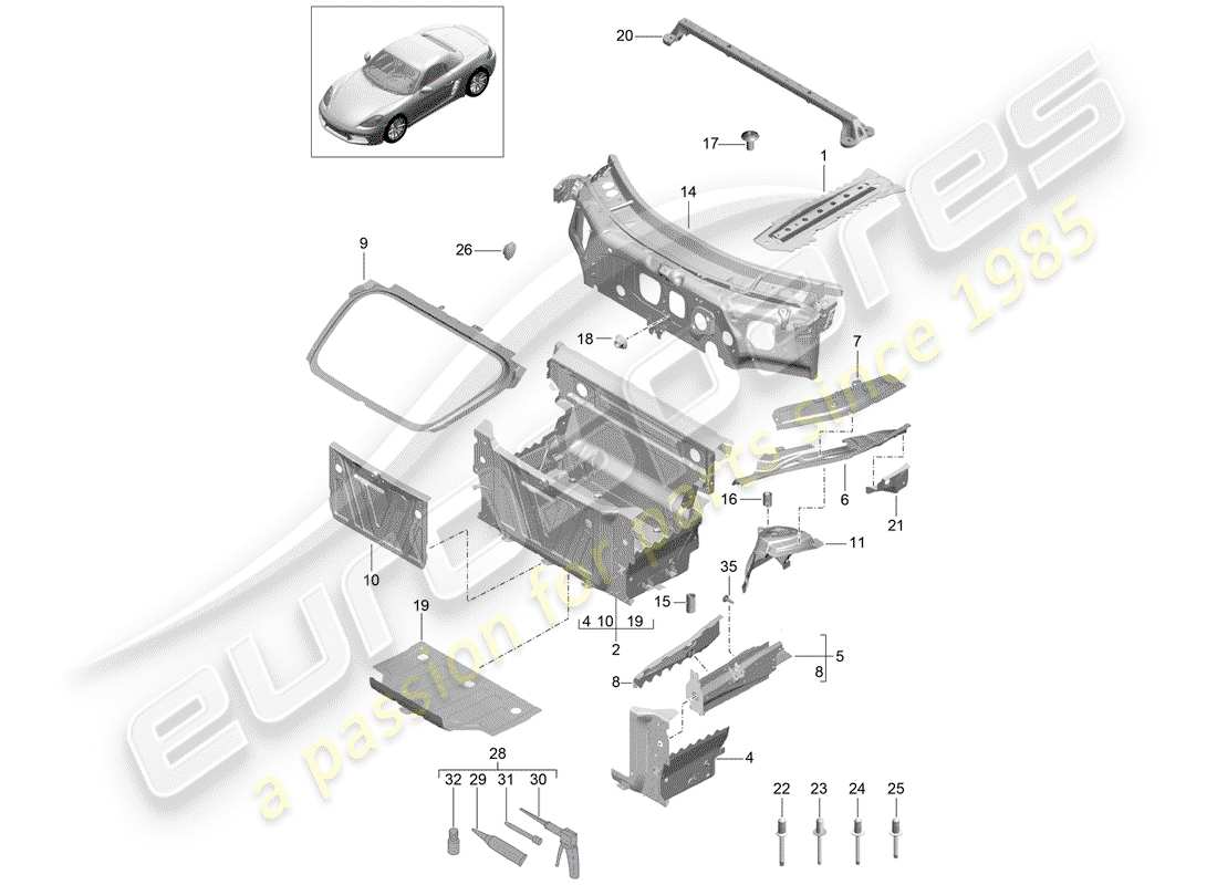 porsche 2020 (718 boxster) diagrama de piezas del extremo delantero