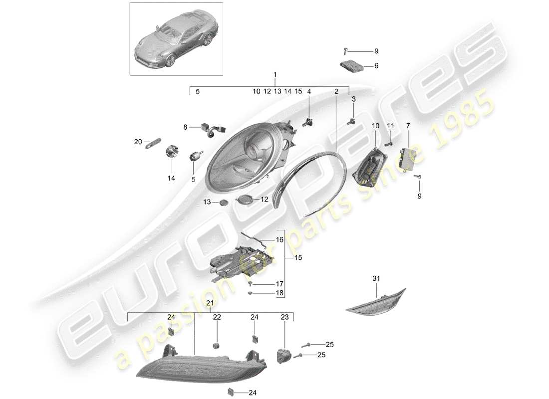 porsche 991 turbo (2019) diagrama de piezas del faro