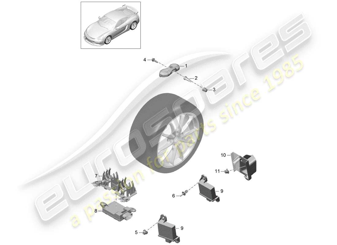 porsche 2016 (981 cayman gt4) sistema de control de presión de neumáticos diagrama de piezas