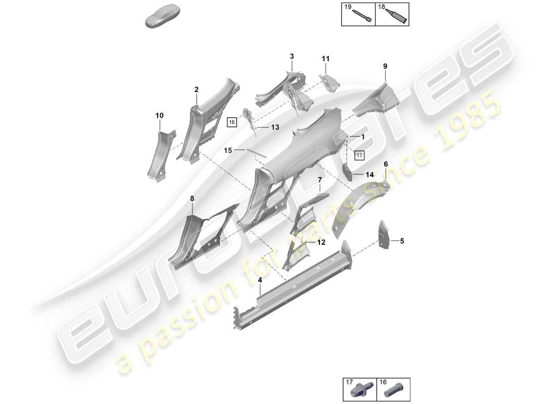 porsche 2020 (718 boxster spyder) diagrama de piezas del panel lateral