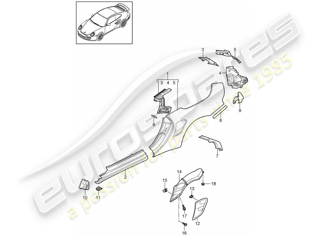 porsche 911 t/gt2rs (2011) diagrama de piezas del panel lateral