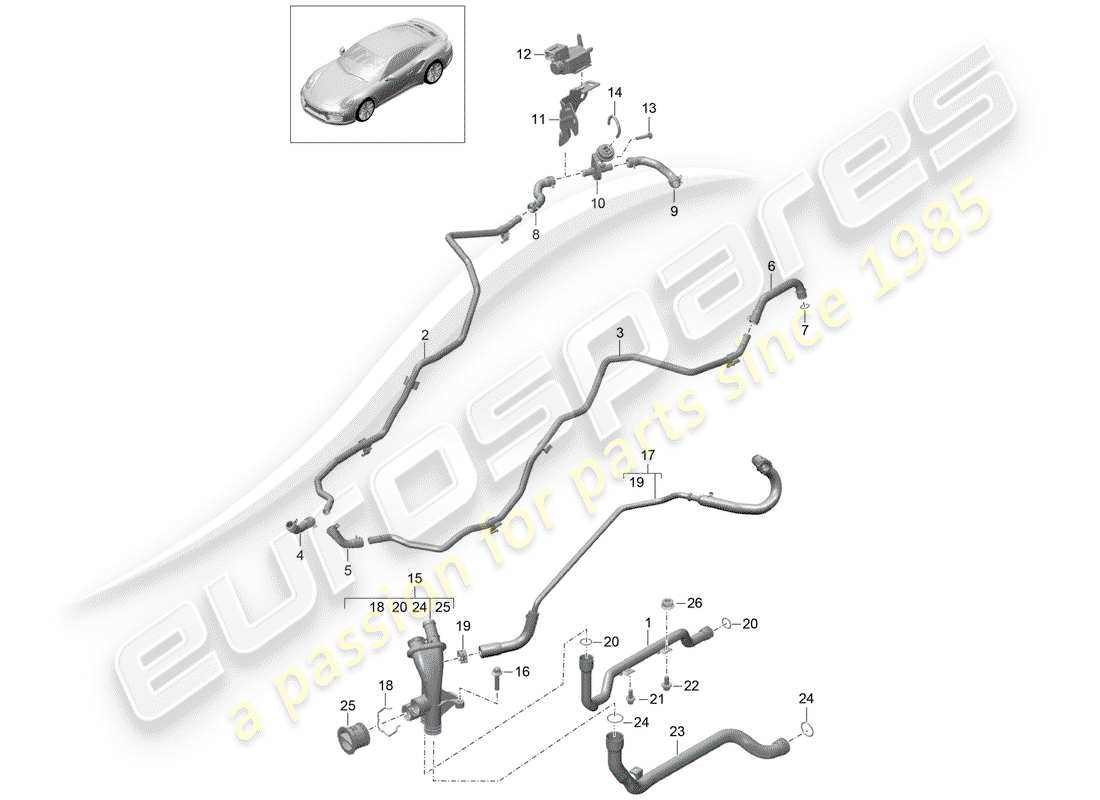 porsche 991 turbo (2019) diagrama de piezas de la tubería de agua