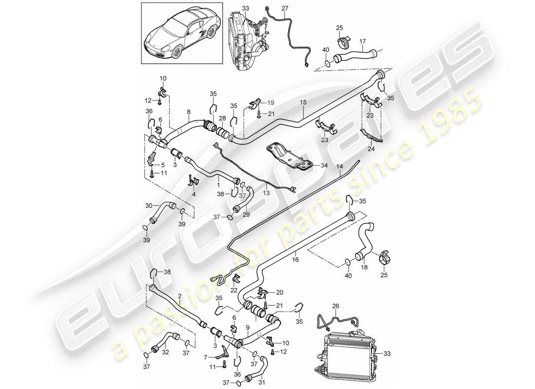 porsche 2007 (987 cayman) refrigeración por agua 2 diagrama de piezas
