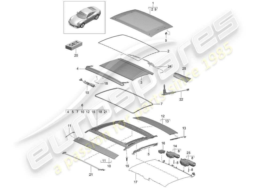 porsche 2012 (991-1) techo de cristal diagrama de piezas