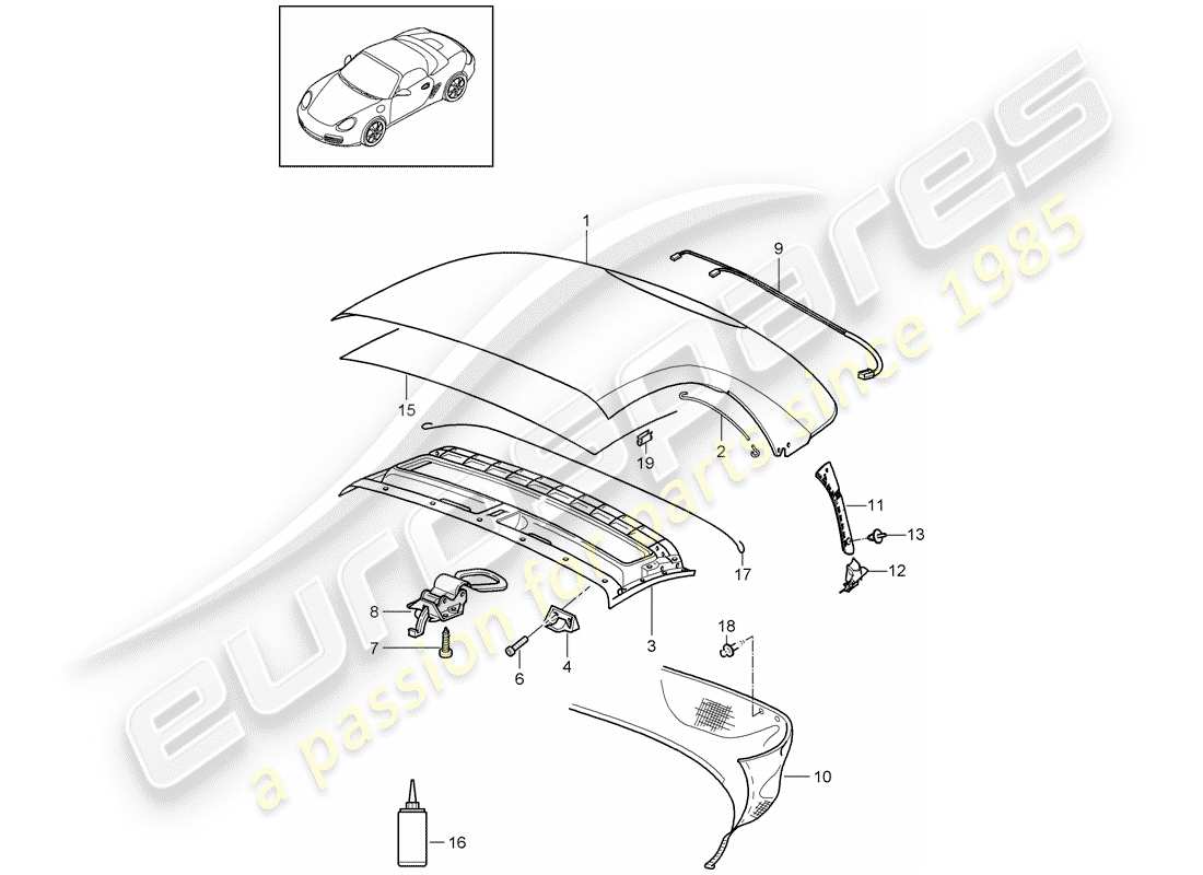 porsche 2009 (987 boxster) cubierta superior convertible diagrama de piezas