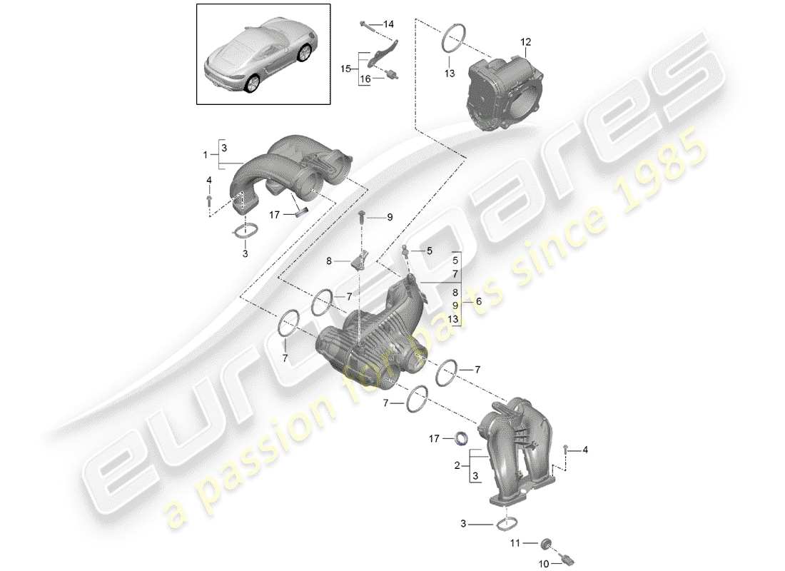 porsche 2020 (718 cayman) distribuidor de aire de admisión diagrama de piezas