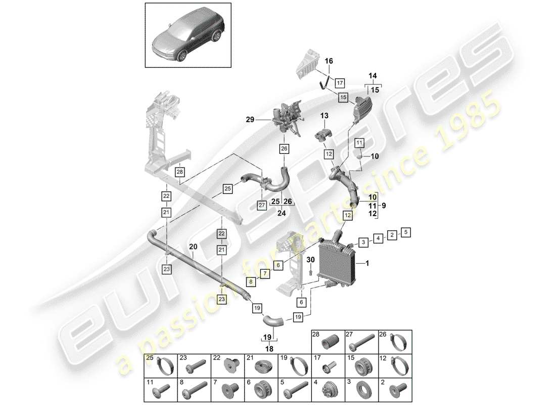 porsche 2018 (cayenne e3 9ya/9yb) enfriador de aire de carga diagrama de piezas