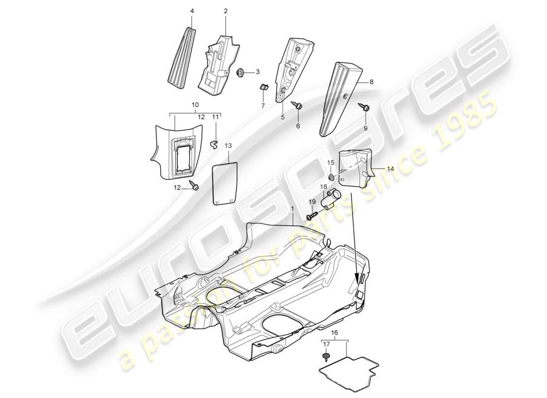 porsche 2008 (987 cayman) equipamiento interior molduras de suelo diagrama de piezas