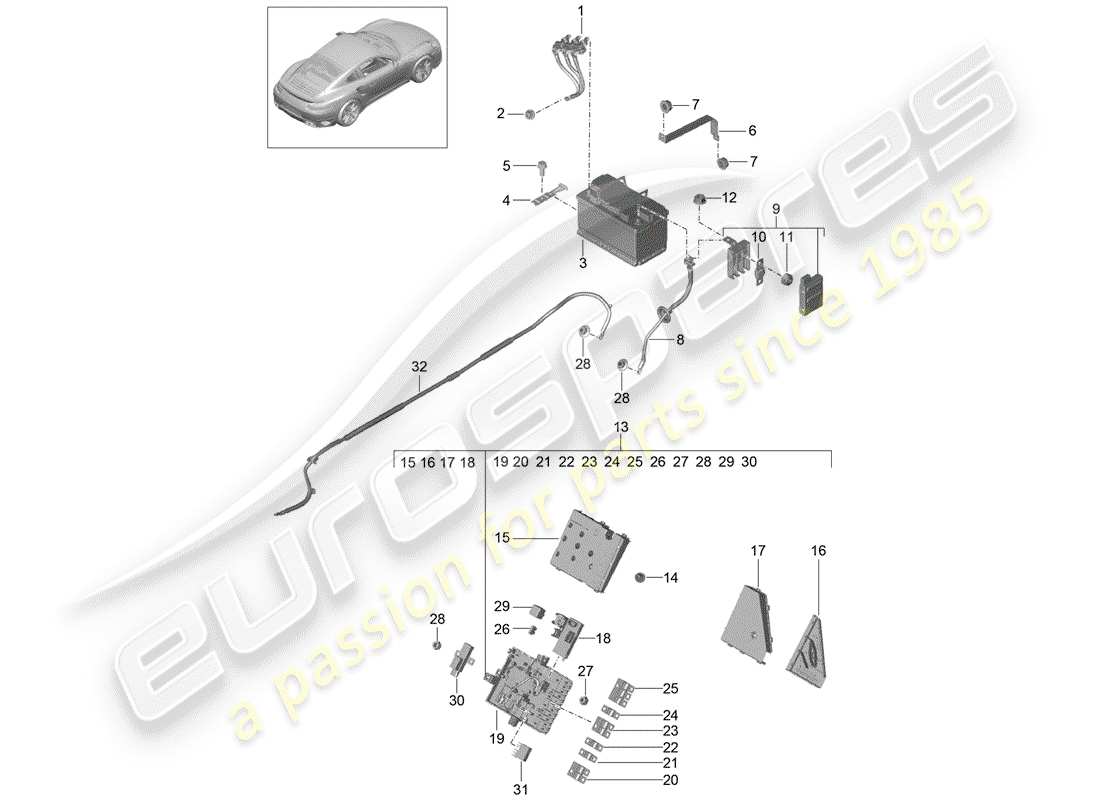 porsche 991 turbo (2019) diagrama de piezas de la batería