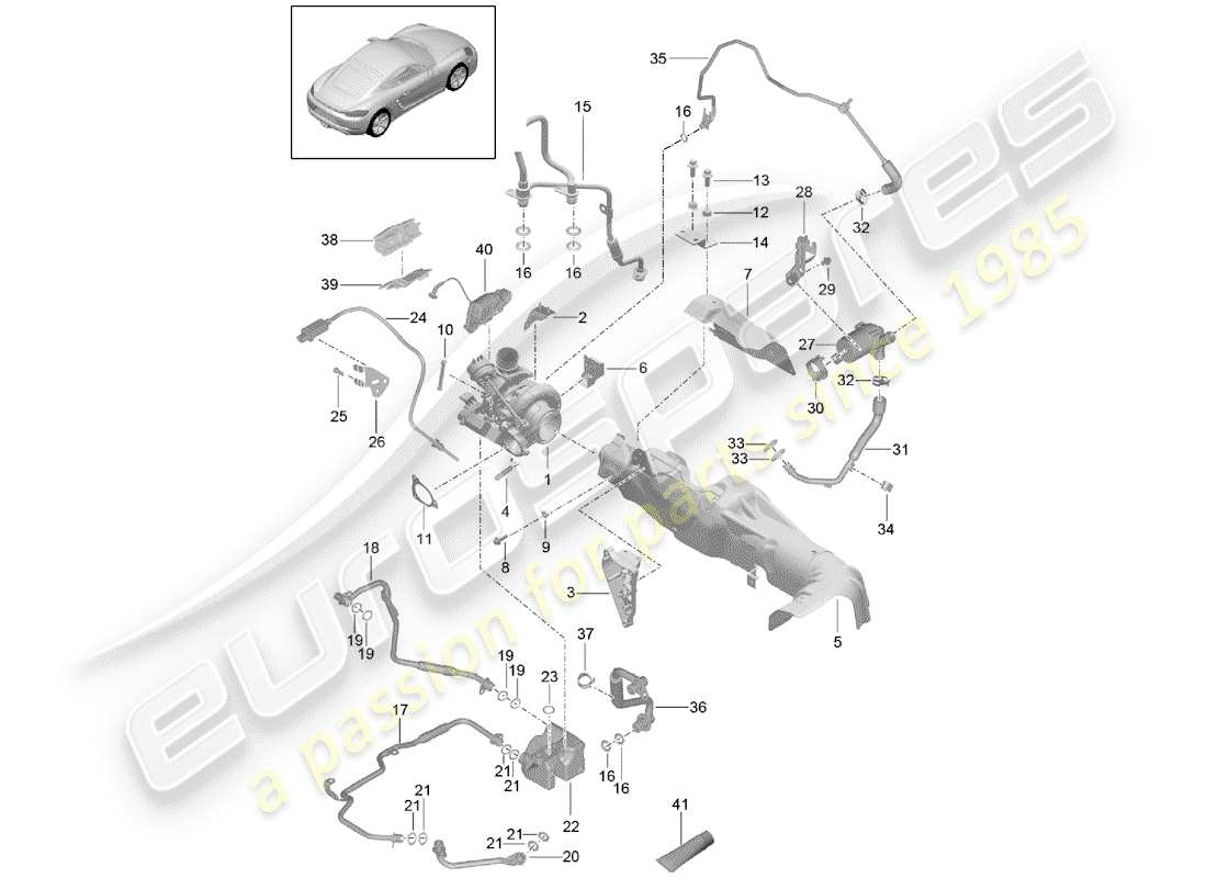 porsche 718 cayman (2020) diagrama de piezas del turbocompresor de gas de escape
