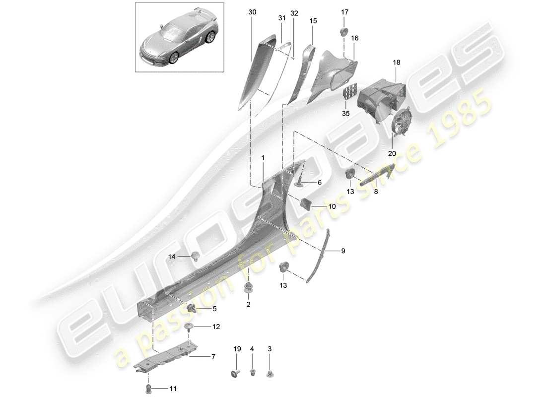 porsche 2016 (981 cayman gt4) moldura de larguero diagrama de piezas