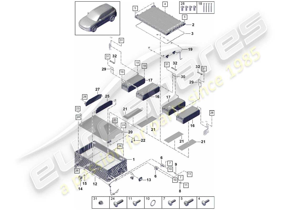 porsche 2020 (cayenne e3 9ya/9yb) diagrama de piezas de la batería híbrida