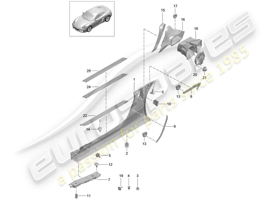 porsche 2014 (981 cayman) diagrama de piezas del guarnecido de los miembros laterales