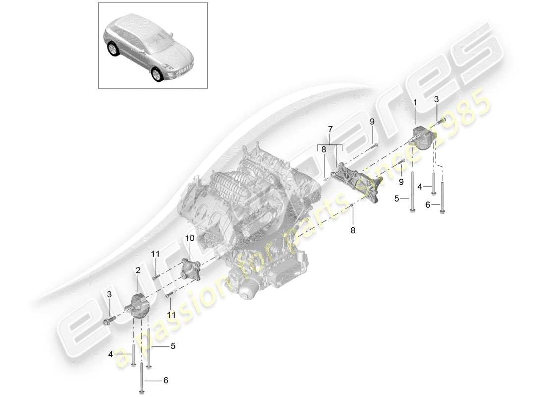 porsche macan (2018) diagrama de piezas del dispositivo de elevación del motor