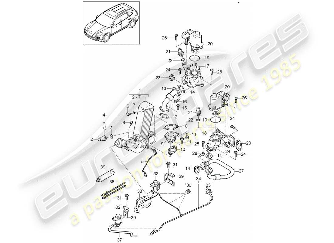 porsche 2012 (cayenne e2 92a) recirculación de escape diagrama de piezas