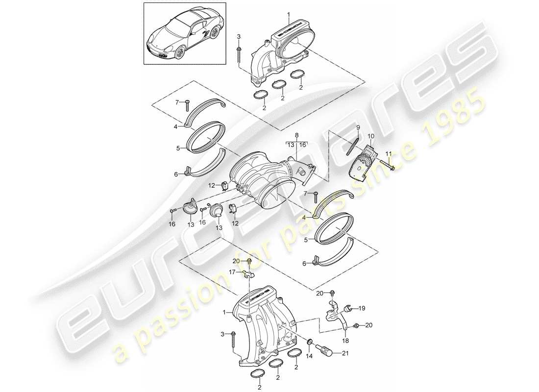 porsche 2009 (987 cayman) distribuidor de aire de admisión diagrama de piezas