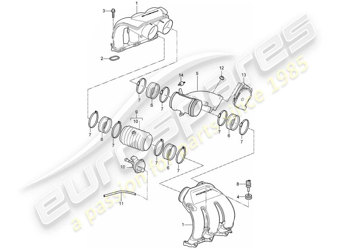 porsche 2008 (987 cayman) distribuidor de aire de admisión diagrama de piezas