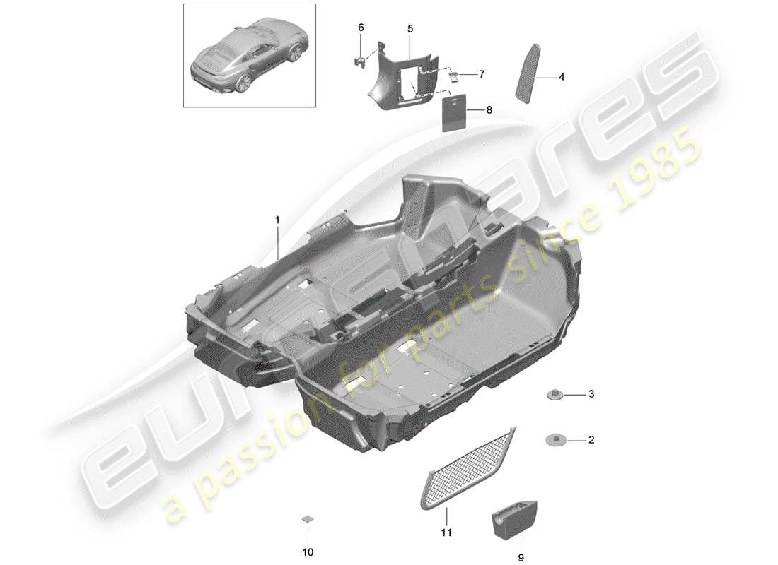 porsche 2016 (991-1 turbo) diagrama de piezas de la cubierta del piso