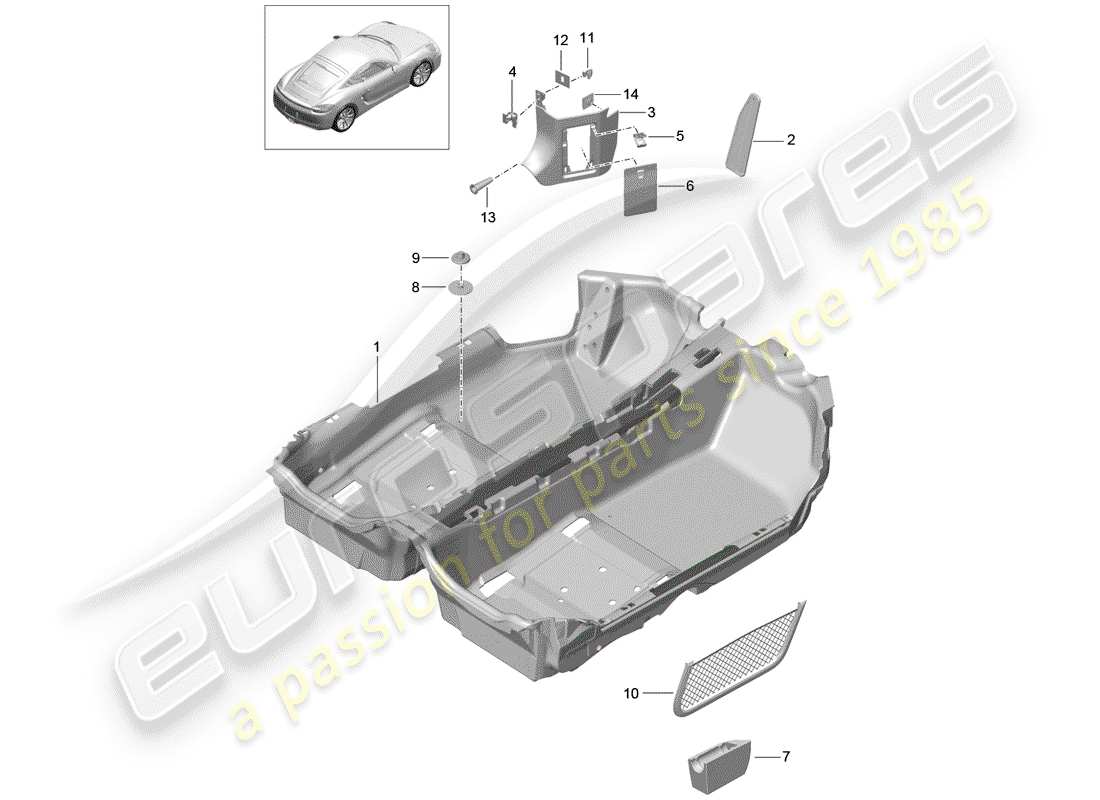 porsche 2014 (981 cayman) diagrama de piezas de la cubierta del piso