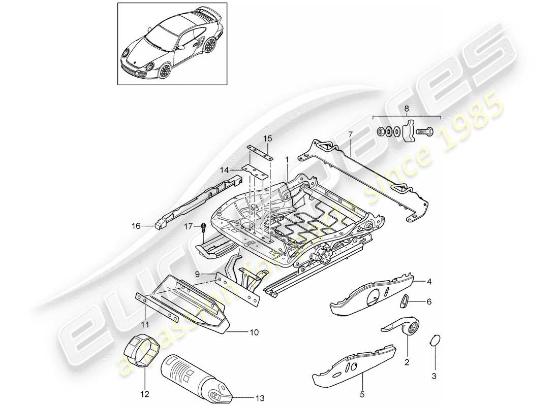 porsche 911 t/gt2rs (2011) diagrama de piezas del marco del asiento