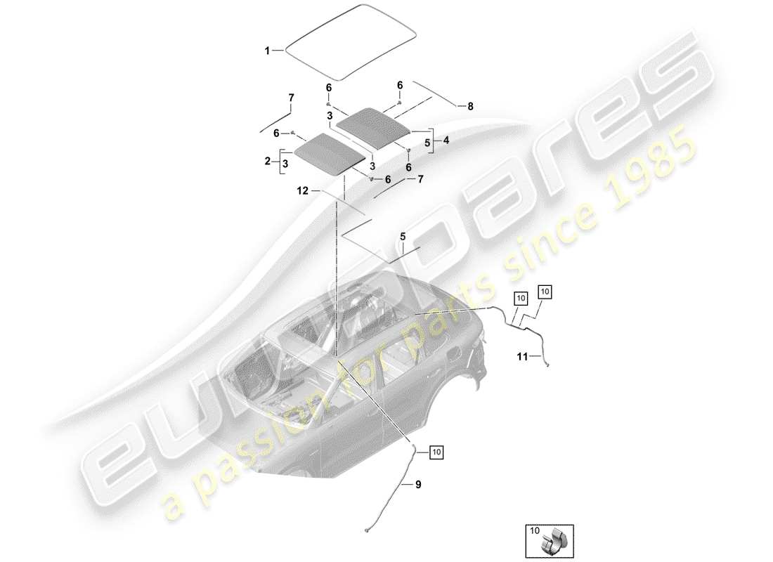 porsche 2018 (cayenne e3 9ya/9yb) diagrama de piezas del techo de cristal