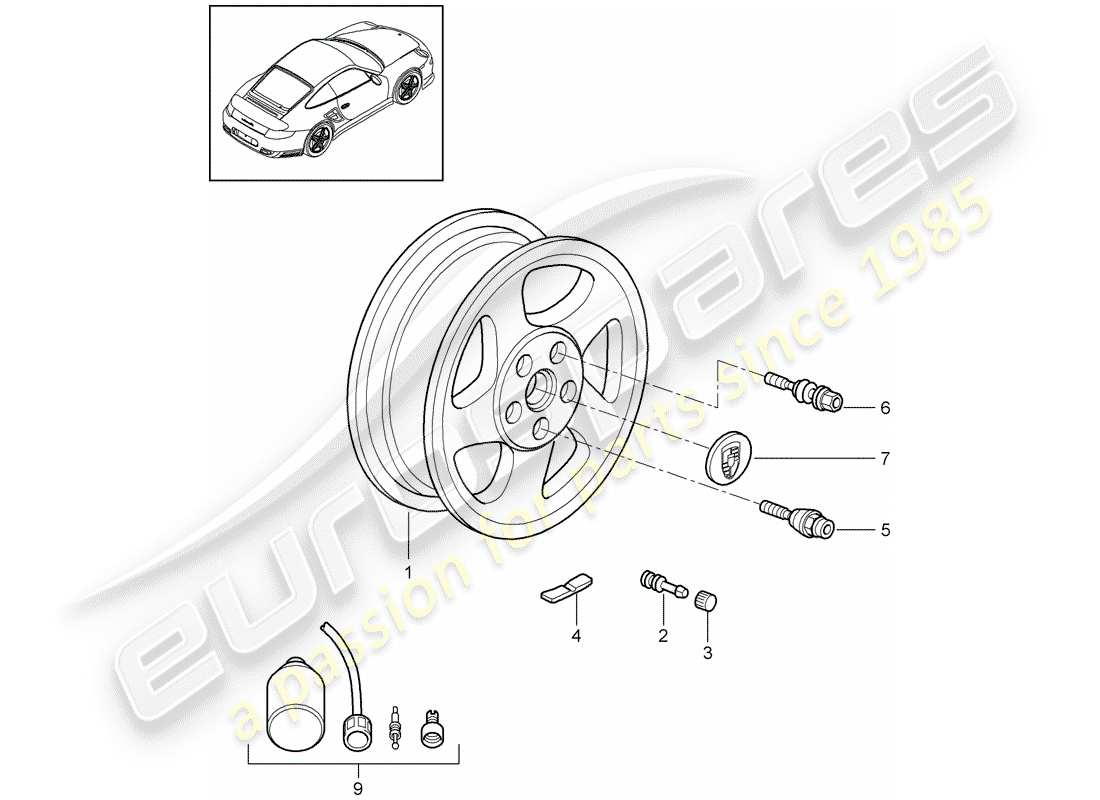 porsche 911 t/gt2rs (2011) diagrama de piezas de ruedas