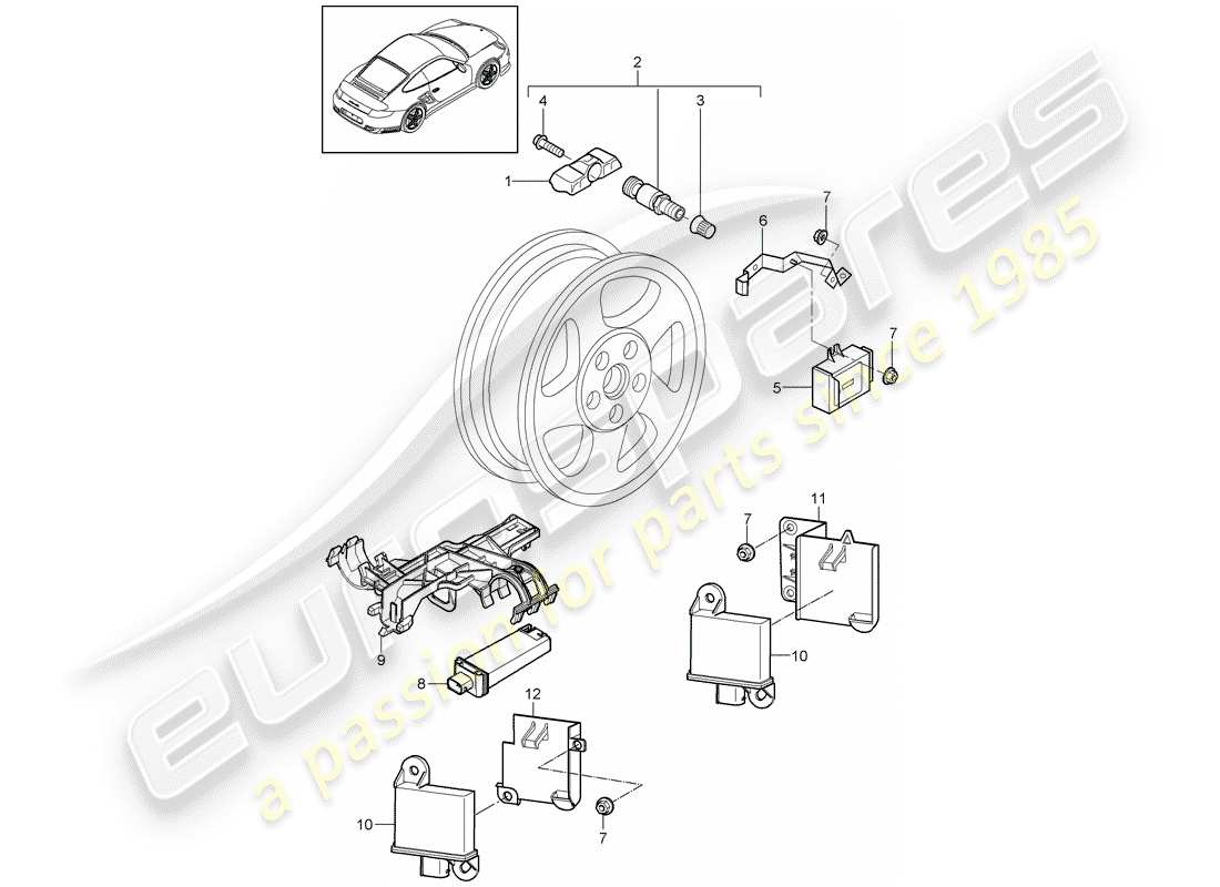 porsche 911 t/gt2rs (2011) sistema de control de presión de neumáticos diagrama de piezas