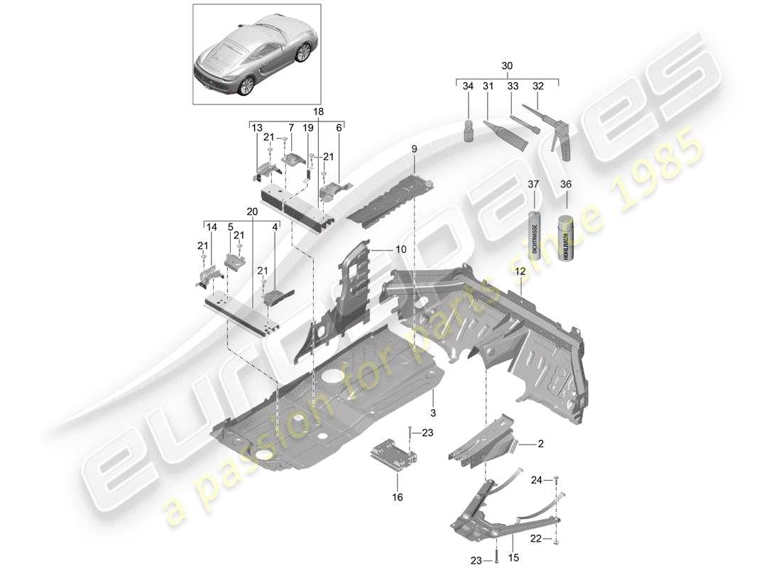 porsche 2014 (981 cayman) diagrama de piezas del piso