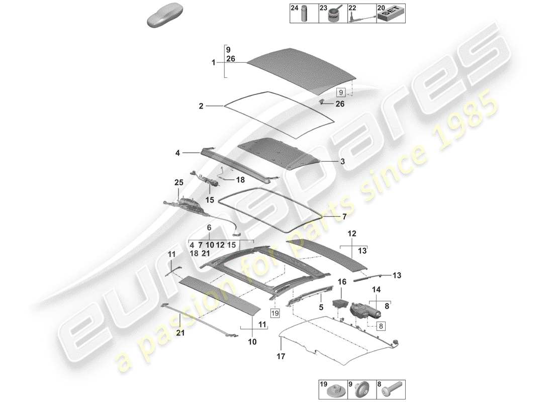 porsche 2019 (992-1) techo corredizo/abatible diagrama de piezas