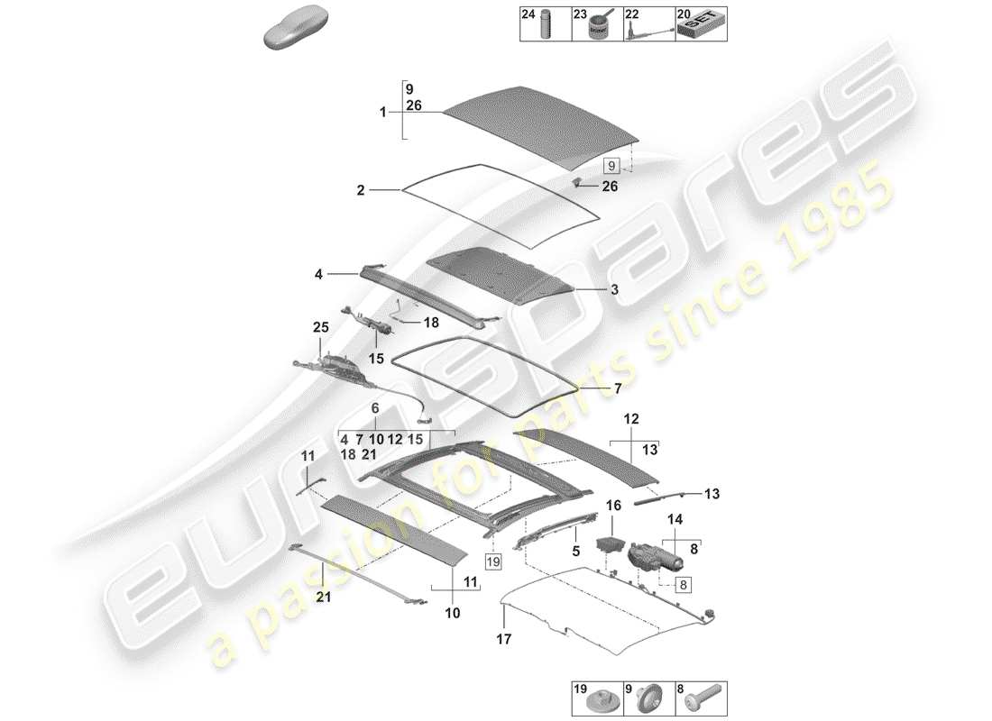 porsche 992 (2019) diagrama de piezas del techo corredizo/inclinable