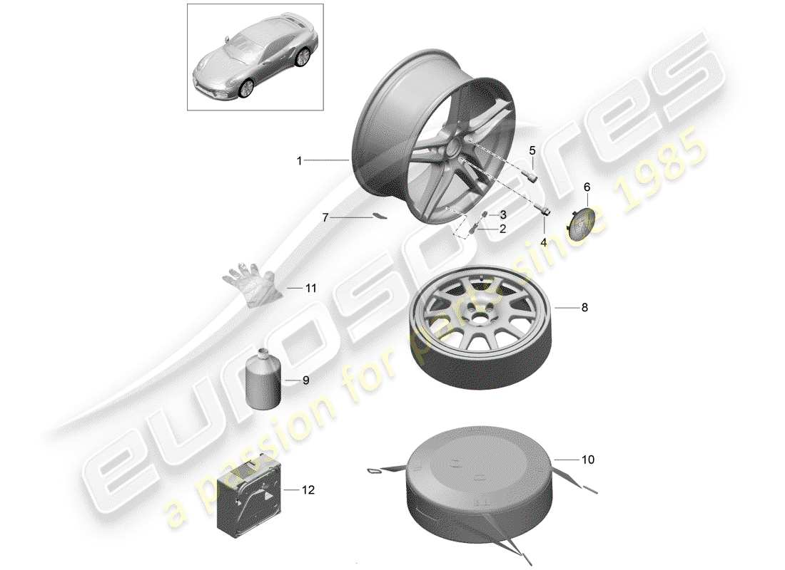 porsche 991 turbo (2017) diagrama de piezas de la rueda de aleación
