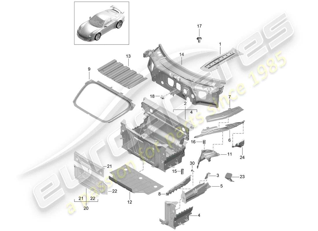 porsche 991r/gt3/rs (2019) diagrama de piezas del extremo delantero