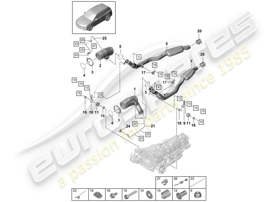porsche 2019 (cayenne e3 9ya/9yb) sistema de escape diagrama de piezas