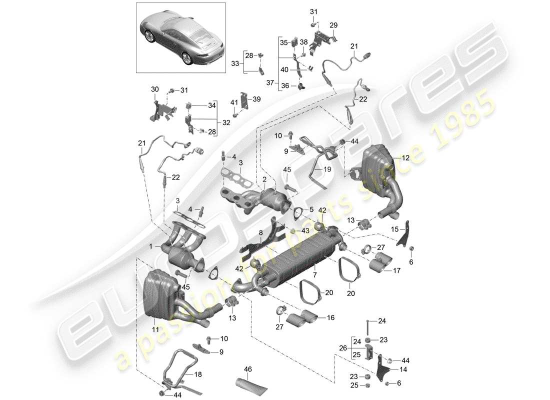 porsche 2013 (991-1) sistema de escape diagrama de piezas