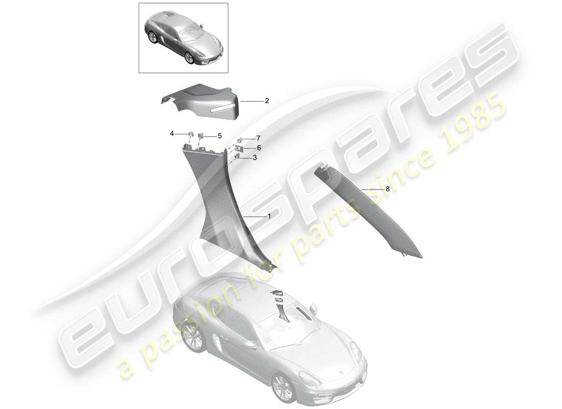 porsche 2015 (981 cayman) diagrama de piezas del panel de acabado cuarto