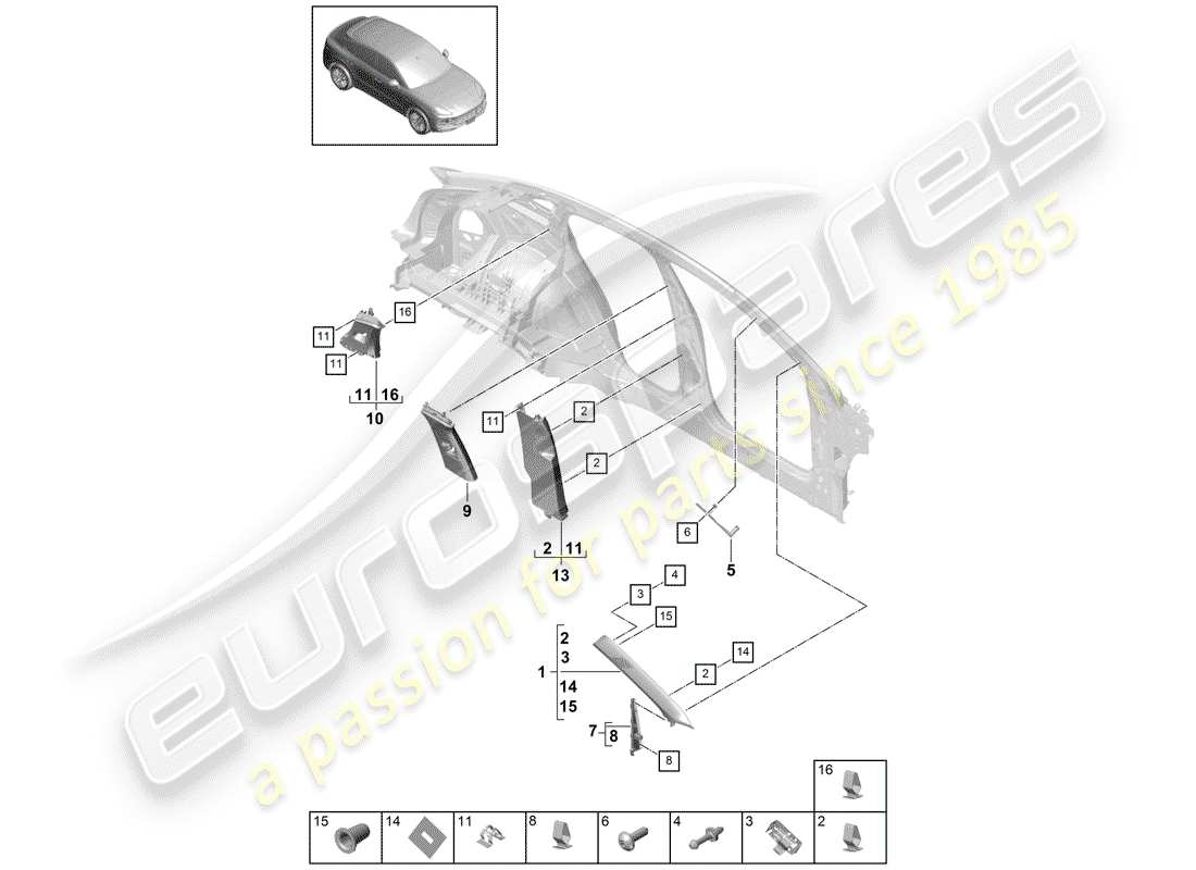 porsche 2020 (cayenne e3 9ya/9yb) diagrama de piezas del trim del pilar