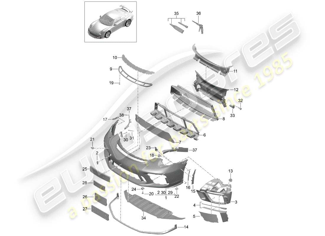 porsche 991r/gt3/rs (2019) diagrama de piezas del parachoques