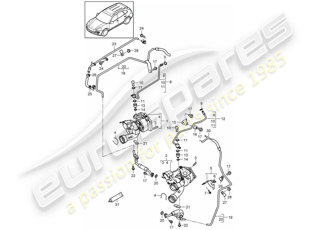 porsche cayenne e2 (2012) diagrama de piezas del turbocompresor de gas de escape