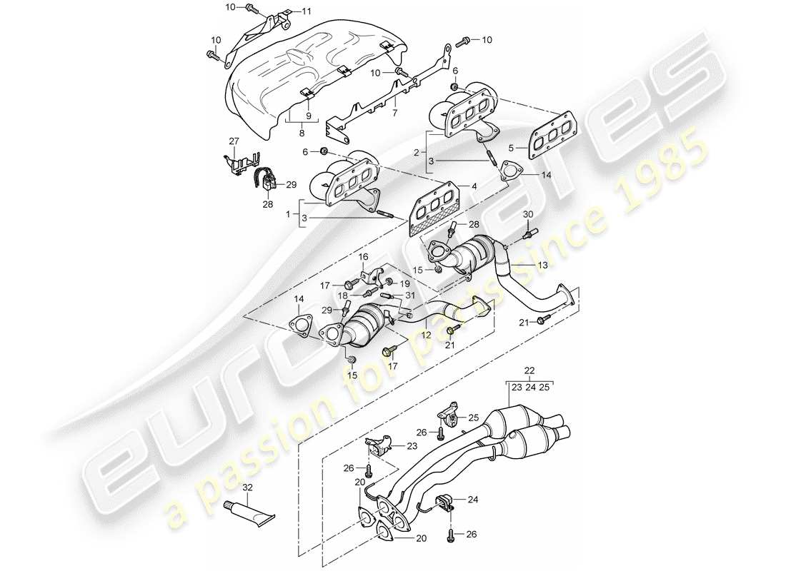 porsche 2008 (cayenne e1 9pa) diagrama de piezas del sistema de escape