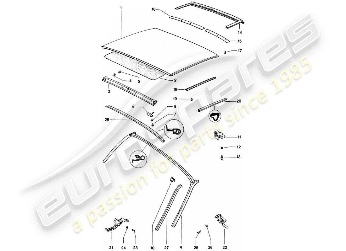 porsche 1972 (914) techo diagrama de piezas