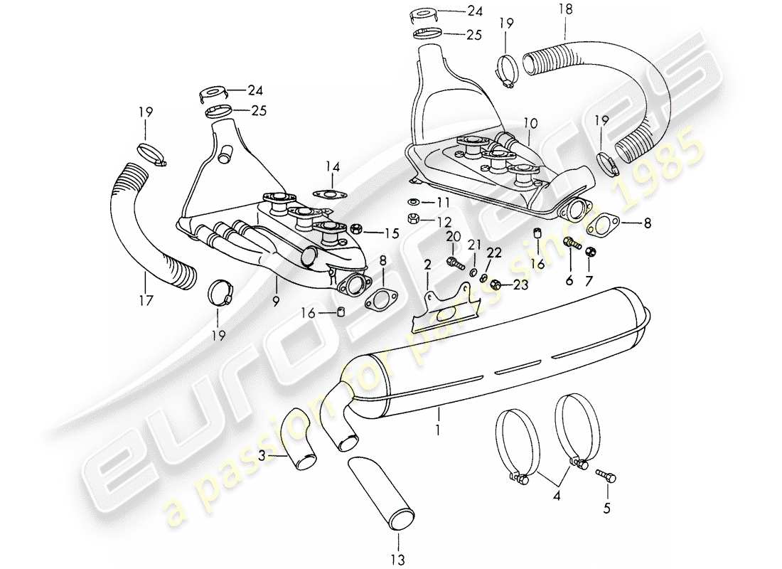 porsche 1969 (911/912) sistema de escape diagrama de piezas