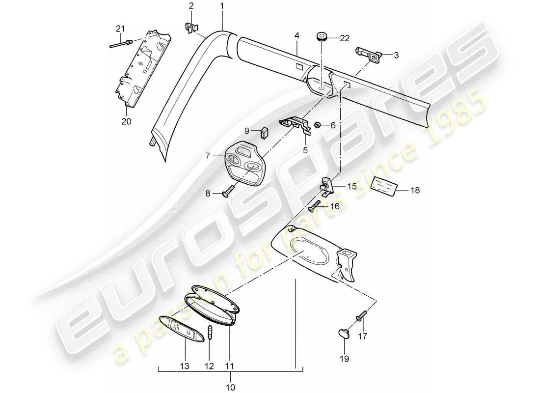 porsche 2002 (996) marco del parabrisas - marco del parabrisas - visores para sol - diagrama de piezas de visores para sol