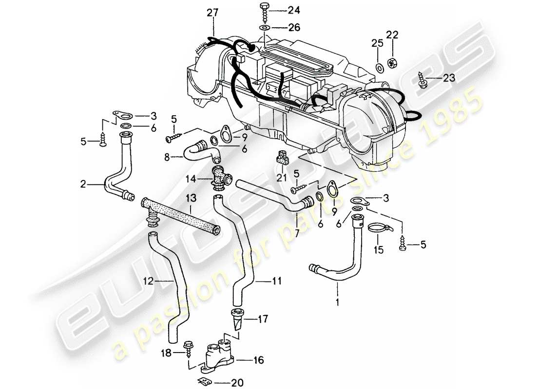 porsche 1994 (993) tubo de drenaje de agua - montaje - arnés - calentador - aire acondicionado diagrama de piezas