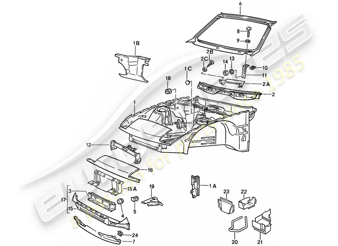 porsche 1987 (924s) sección frontal del cuerpo diagrama de piezas