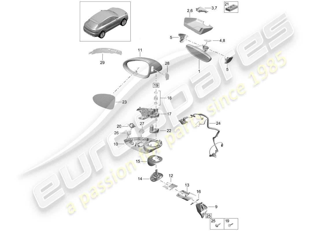 porsche 2020 (macan) diagrama de piezas del espejo retrovisor