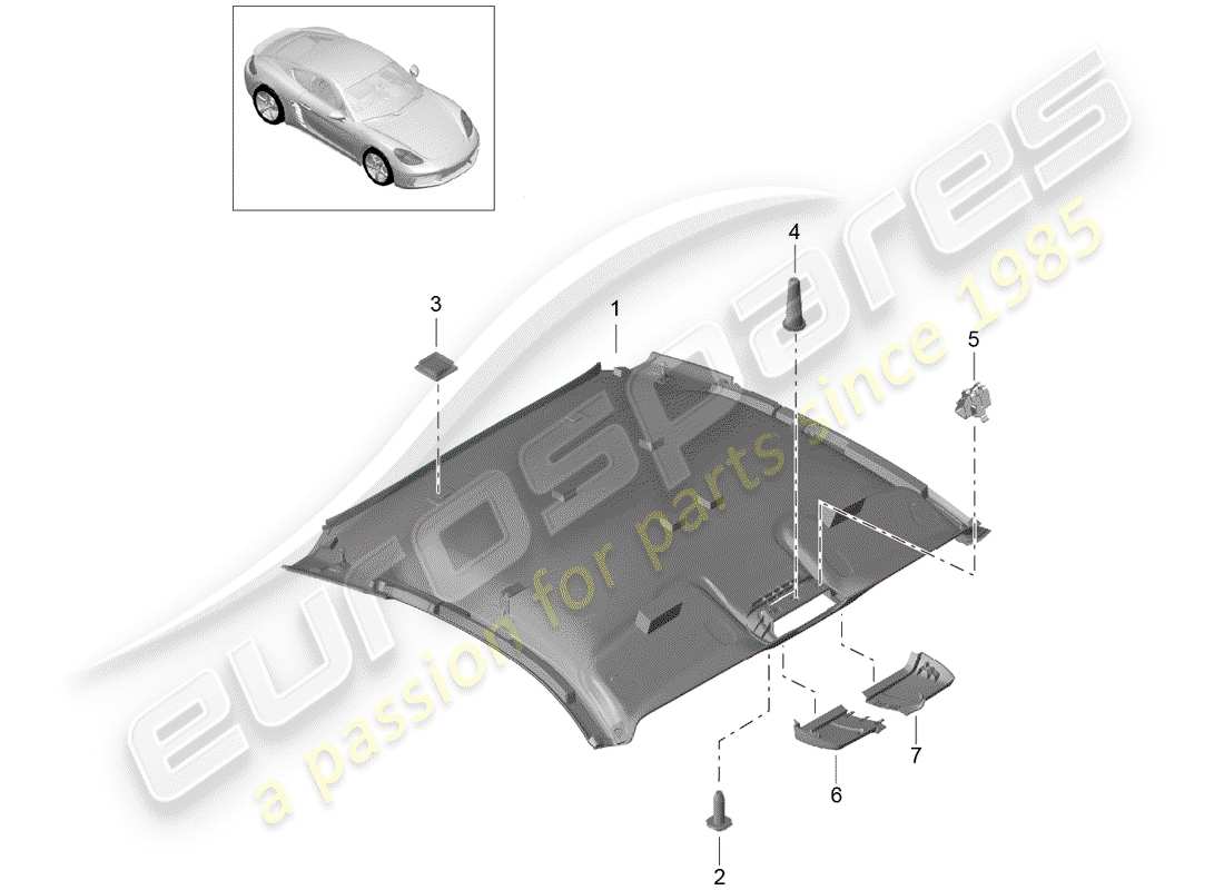 porsche 718 cayman (2020) diagrama de piezas del panel de acabado del techo