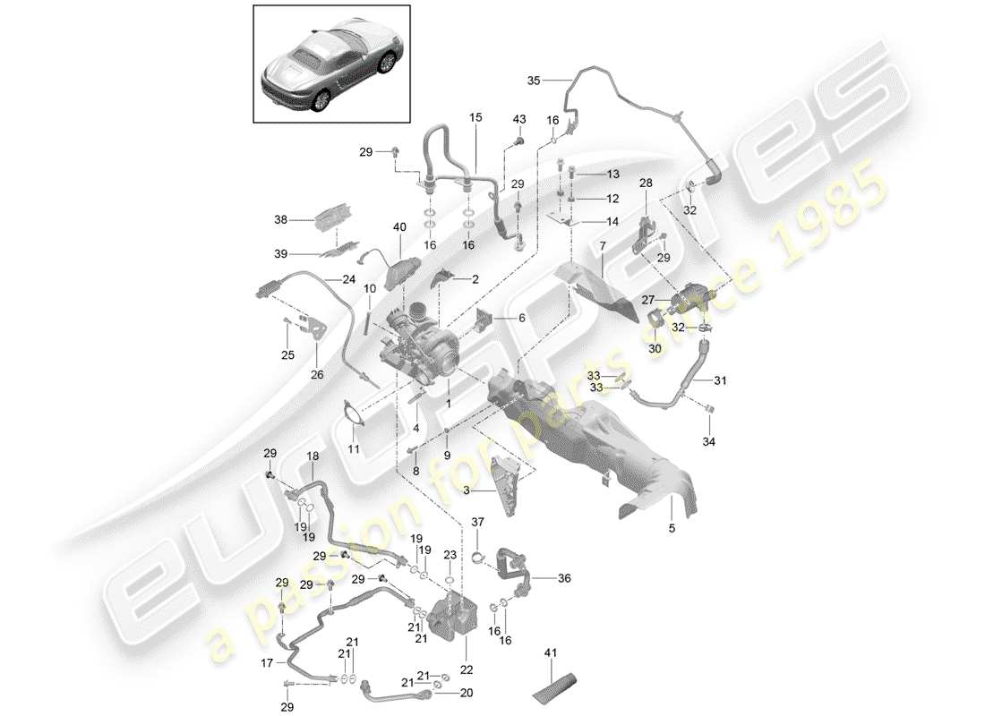 porsche 718 boxster (2018) diagrama de piezas del turbocompresor de gas de escape