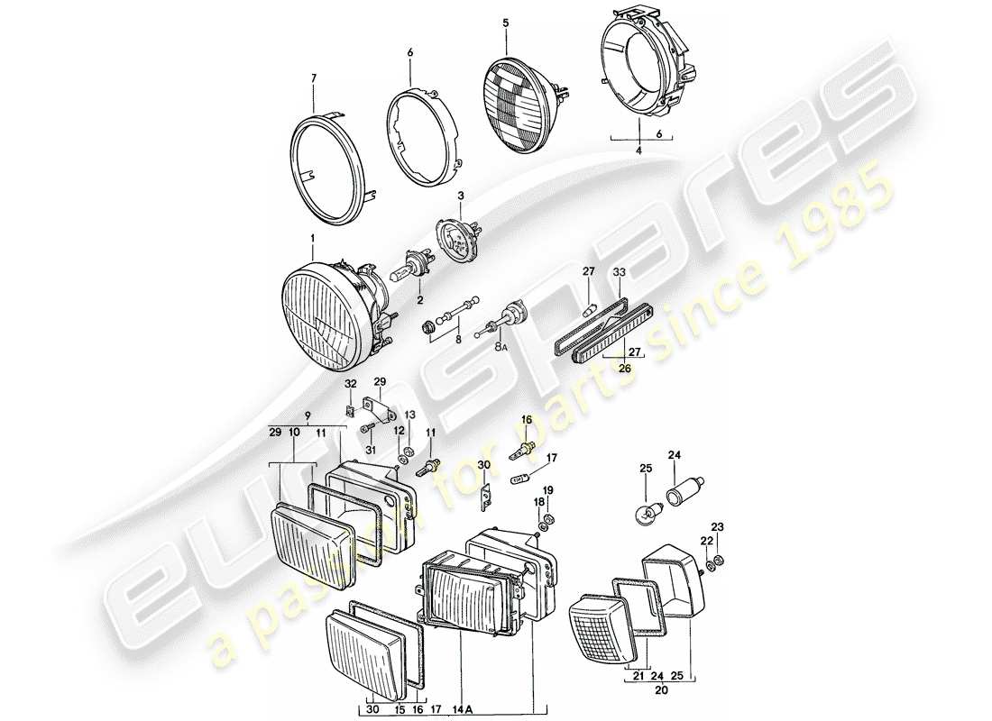 porsche 928 (1982) faro delantero - señal de giro - no para: - ee. uu., diagrama de piezas cdn